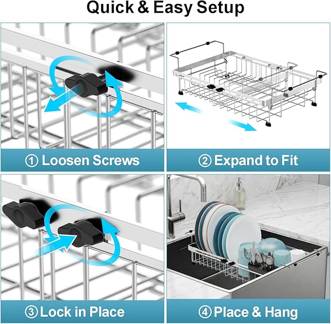 GSlife Over Sink Dish Drying Rack - Large Expandable Stainless Steel in Sink Dish Drainer with Square Corners, Rust Resistant with Lock Knob, Heavy Duty Fit for Modern Single & Double Sinks, Black