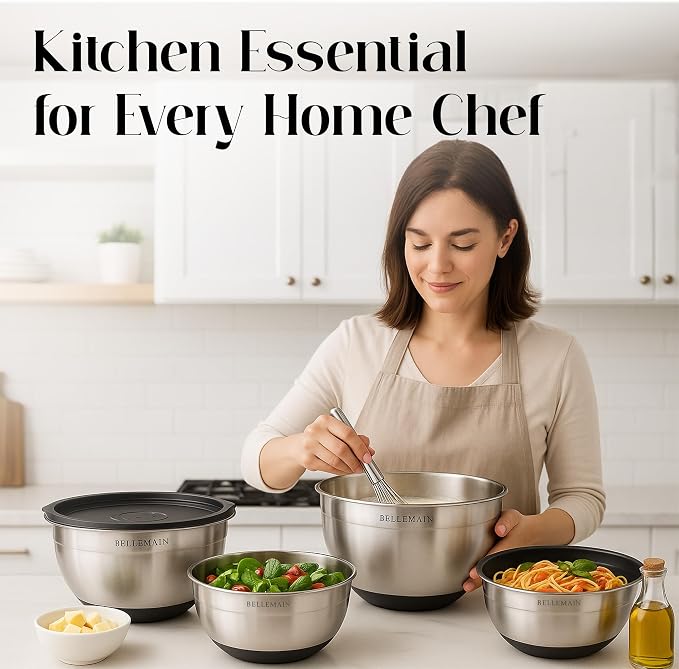 Bellemain Mixing Bowls with Lids Set - Stainless Steel Mixing Bowls with Airtight Lids - Food Storage Containers - 3PCS Set with Non-Slip Bottoms Kitchen Essentials for Baking - Serving