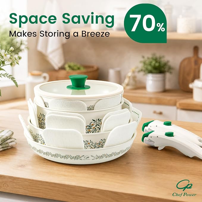 Chef Power Ceramic Cookware Set Non Toxic with Detachable Handles, Healthy Nonstick Decal Pans and Pots Set 14 Pcs, Induction Dishwasher Oven Safe Kitchen Set, Cream White with Olive Branch