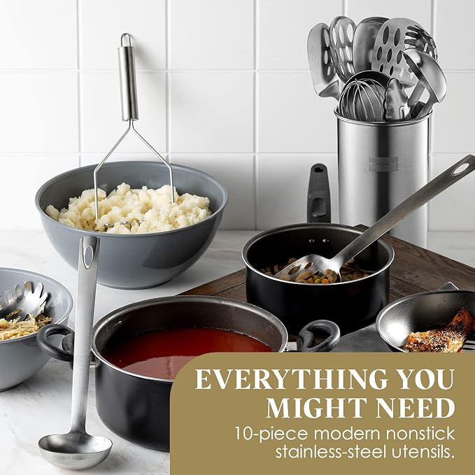 Bartnelli 11-Piece Kitchen Utensils Set with Holder - Non-Stick Stainless Steel Cooking Utensils with Heat-Resistant Handle - Includes Cooking Spoons, Potato Smasher, Slotted Turner, Whisk, and More