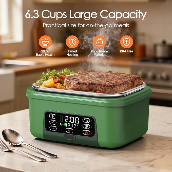 Cordless Electric Lunch Box, 6.3 Cup 100W Heated Lunch Box with 20000mAH Battery Powered for Self Heating, Including Fork Spoon and Insulated Bag for Men Women Adults, BPA Free(Dark Green)