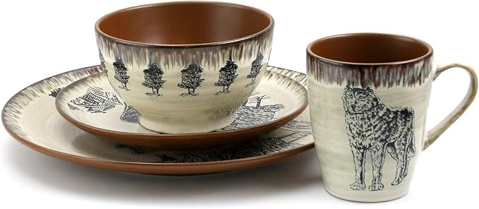 Elama Majestic Wolf 16 Piece Round Stoneware Dinnerware Set in Taupe