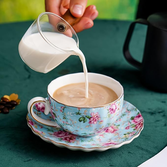 Agyiuns Tea Cup and Saucers, 6.4oz Floral Tea Cups with Gold Trim, Porcelain Teacup, Coffee Cappuccino Espresso Latte Mugs for Party Birthday,Party Cafe Home, Christmas Gift (Blue)