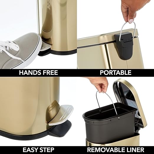 mDesign Small 2.6 Gallon/10 Liter Stainless Steel Metal Step Trash Can Garbage Bin for Bathroom, Bedroom, Office, D-Shape Trashcan with Foot Pedal/Lid, Removable Liner Bucket with Handles, Soft Brass