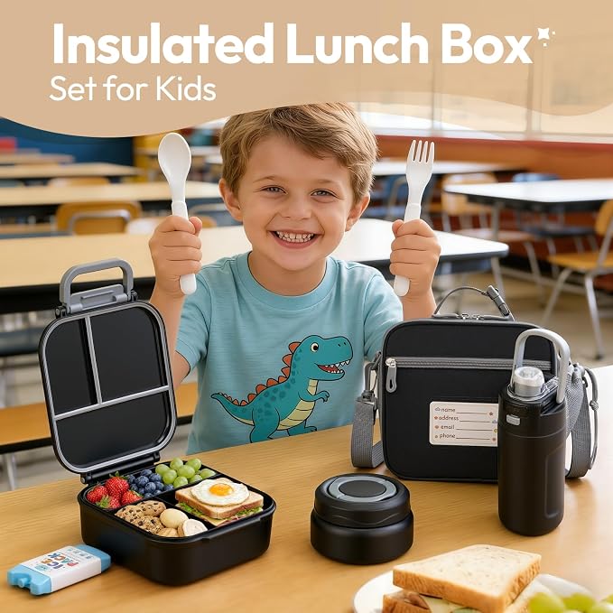 Itslife Bento Box for Kids Set, Insulated Food Container,Kids Lunch Box, 7 oz Thermos for Hot Food, 12 oz Thermos Water Bottle, Reusable Insulated Ice Bag & Fork Spoon Utensils Camping Travel Black