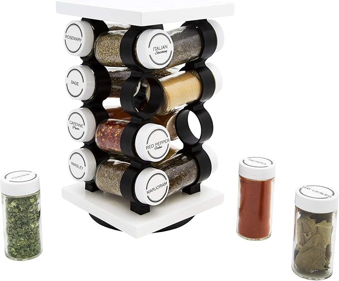 Orii 16 Jar Rotating White Spice Rack | Spices Included, 5-Year Spice Refill Program, Compact Countertop, Glass Jars