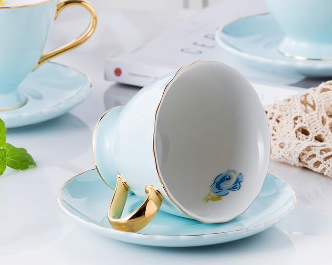 Jusalpha® Fine China Tea Cup and Saucer Coffee Cup Set with Saucer and Spoon Set of 6 (FD-TCS02 blue (6), 7oz)