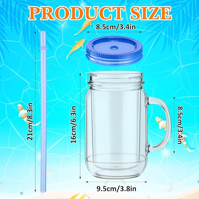 Suclain 10 Pack Plastic Mason Jars with Handles, Lids and Straws Mouth Mason Jar Mugs 20 oz Double Insulated Tumbler with Straw Large Clear Plastic Mug for Adults(Fresh Color)