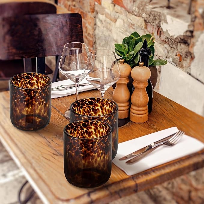 Honeydak Set of 4 Tortoise Leopard Print Glasses Brown Rocks Glasses Stylish Stemless Cocktail Cups Glass Glassware Tumbler Ideal for Gin, Tequila, Vodka, Soft Drinks