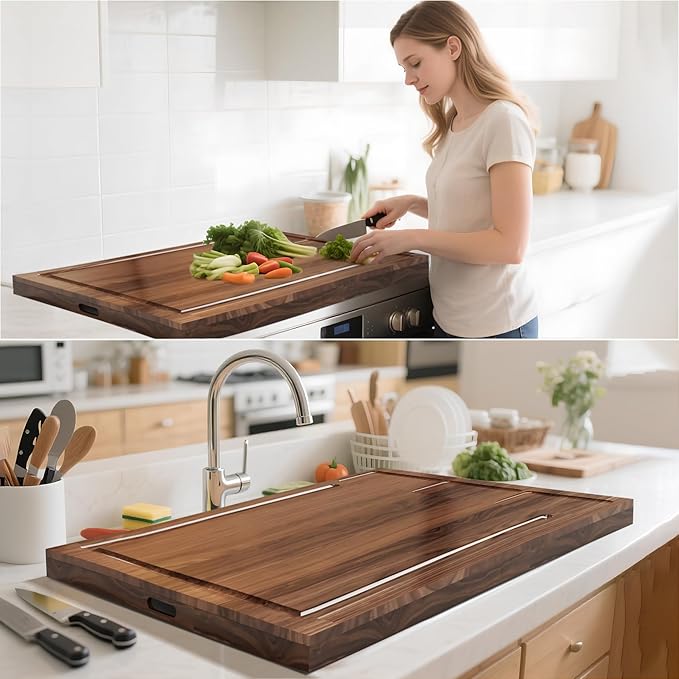 Noodle Board Stove Cover with Handle, Wooden Stove Top Cover for Electric Stove and Gas Burners, Cutting Board with Juice Groove & Separate Zone, 30"L x 21"W x 2.2"H, Natural Solid Wood