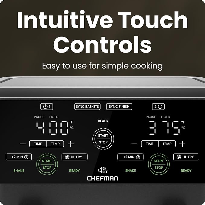 CHEFMAN 6 Quart Dual Basket Air Fryer Oven with Easy View Windows, Sync Finish, Hi-Fry, Auto Shutoff, 2 Independent 3Qt Nonstick Dishwasher Safe Frying Baskets, Digital Double Air Fryer - Black