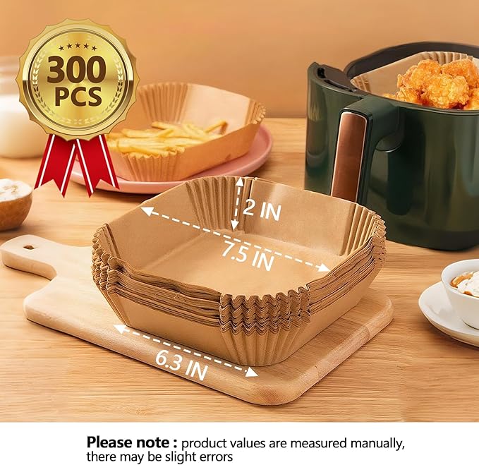 7.5 Inch Air Fryer Liners Disposable, 300PCS Air Fryer Paper Liners, Oil-Proof & High-Temperature Resistant Parchment Baking Paper for Air Fryer, Microwave and Oven（Bottom Is 6.3 Inch）