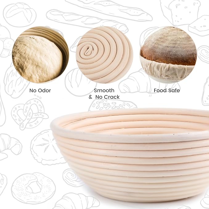 DOYOLLA Proofing Baskets for Sourdough Bread Making, Dough Proofing Bowls Kit with Cloth Liner + Scoring Lame + Scraper for Professional & Home Sourdough Bakers (Round,8.5 inch,Set of 2) | Handmade Rattan