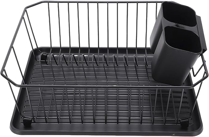 Haofy Dish Drying Rack, Iron Dish Drainer Rack with Utensil Holder for Kitchen Counter Sink, Spoons and Forks Storage (Black)
