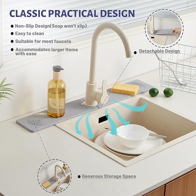 Stone Faucet Mat for Kitchen Sink, Faucet Mat Fast Drying Diatomite, Sink Splash Guard Water Absorbing Stone Tray for Sink, Counter Protector for Kitchen & Bathroom
