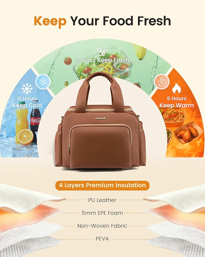 LOVEVOOK Insulated Lunch Bag for Women, PU leather Lunch Box with Shoulder Strap, Wide Opening Adult Large Lunch bags for Work Picnic Beach Family Camping Outdoor Teacher