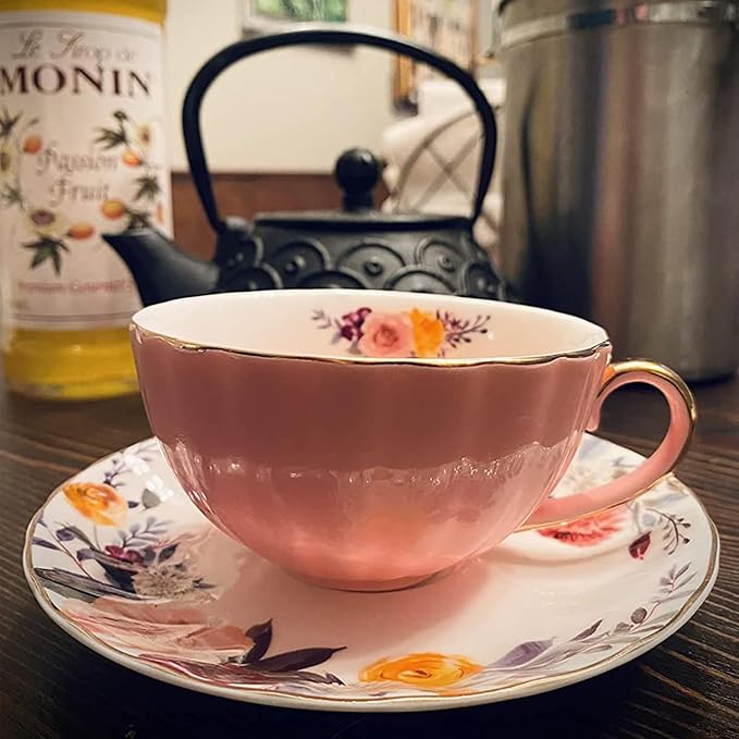 ONEUSTAR Tea Cup and Saucer Set for 1 Bone China English Tea Cup with Spoon Floral Teacup 8 oz British Coffee Latte Mug for Woomen Gifts, Pink