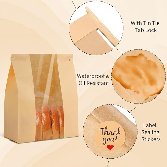 woric 60 Pack Paper Bread Bags for Homemade Bread 14" X 8.3" X 3.5", Sourdough Bread Bags with Tin Tie Tab Lock Clear Front Window and Label Seal Stickers Bakery Bags for Cookies Bread and Treats