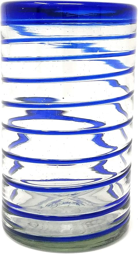 Hand Blown Mexican Drinking Glasses – Set of 6 Glasses with Cobalt Blue Spiral Design (14 oz each)