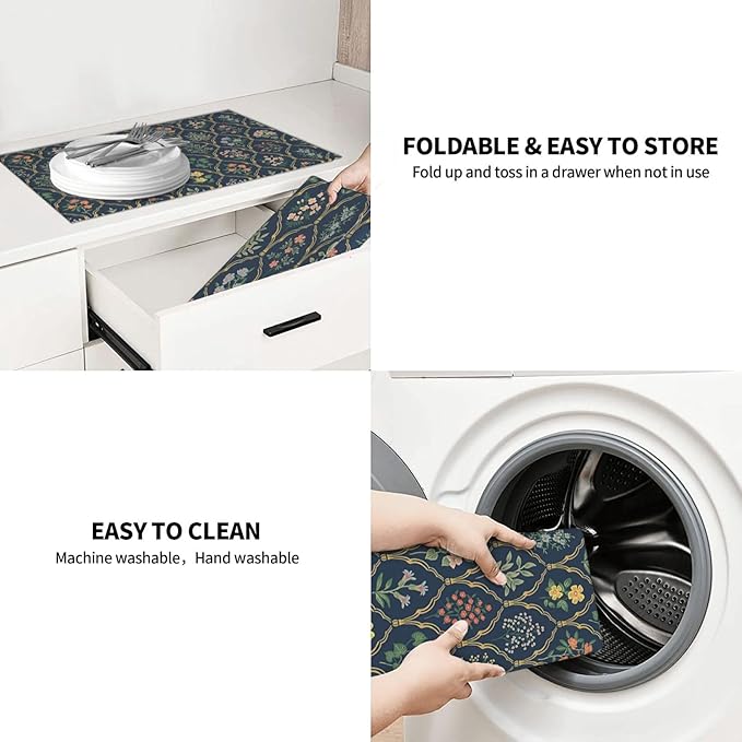 2Pcs Dish Drying Mats Faucet Mats Sets Large Size Coffee Mats Sink Faucet Mat Splash Guard for Kitchen Counter Bathroom Sink Coffee Bar Kitchen Decor (Vintage Flowers, 18"x24" 15" x 5.5"Set)