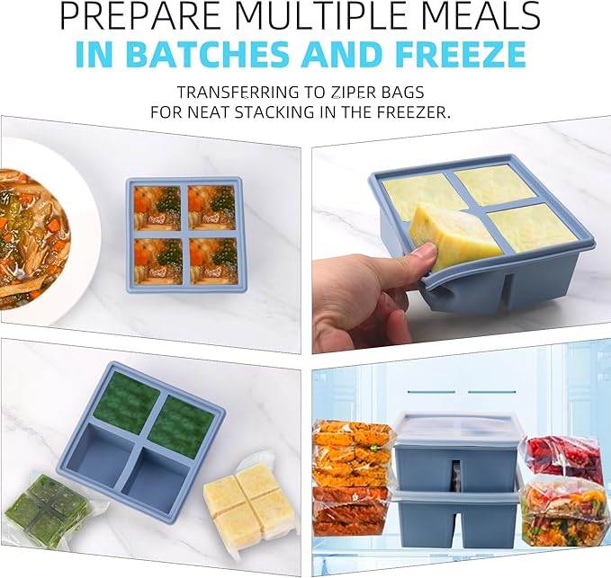 1/2 Cup Silicone Freezer Tray With Lid,Silicone Freezer Molds 3-Pack For meal prep & freezing of various sauces and other dishes, makes 12 perfect 1/2 cup portions cubes (Multicolor 3 Pack)