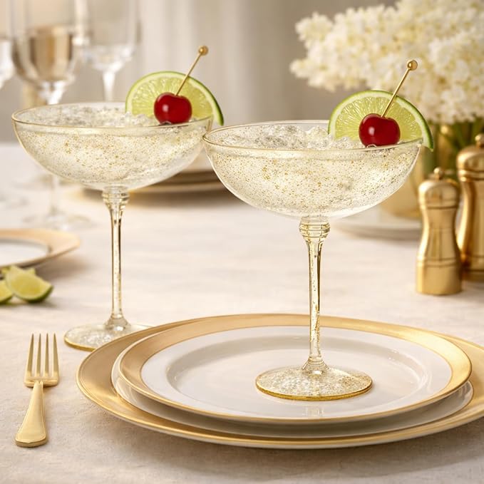 LemonRoad 24 Pcs Detachable Martini Glasses 9oz Disposable Plastic Coupe Cocktail Dessert Glassware Set for Champagne Wine Wedding Birthday Holiday Party Supplies (Transparent Gold Powder)