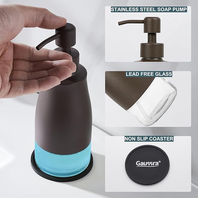 Gaussra Matte Brown Soap Dispenser with Coaster and Stickers, Stainless Steel and Glass Bottle Hand Pump Dispenser, Refillable Liquid Hand Soap Dispenser for Bathroom & Kitchen (11OZ / 320ML)