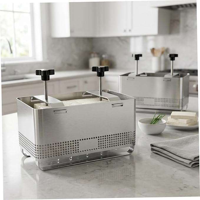 Tofu Press - Stainless Steel Tofu Mold & Paneer Cheese Press Kit for Homemade Firm Yogurt Strainer, Includes Drain Tray & Cloth, XLTofu