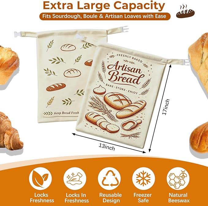 Beeswax Bread Bags for Homemade Bread, 2 Pack XL Sourdough Bread Bags with Zipper & Buckle Closure, Reusable Linen Bread Storage Bags for Artisan Loaves
