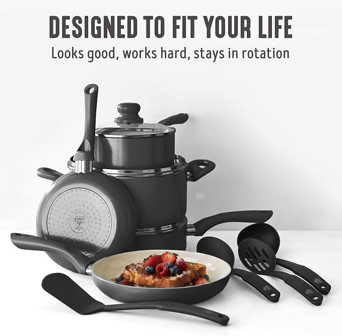 GreenLife 16-Piece Nonstick Cookware Set, Non-Toxic Ceramic Pots and Pans Set, Durable Healthy Kitchen Essentials, Fast Heating, Induction Ready, Easy Clean Dishwasher Safe, PFAS-Free, Graphite Black