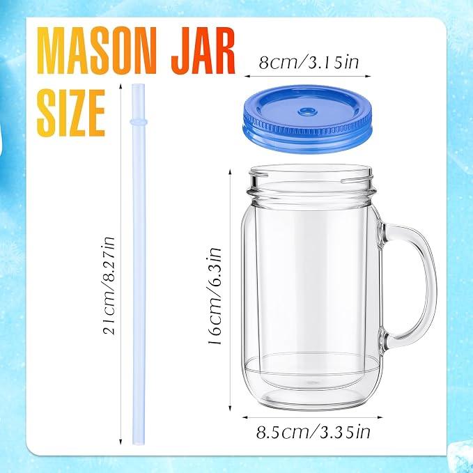 Suclain 10 Pack Plastic Mason Jars with Handles, Lids and Straws Mouth Mason Jar Mugs 20 oz Double Insulated Tumbler with Straw Large Clear Plastic Mug for Adults(Classic Color)
