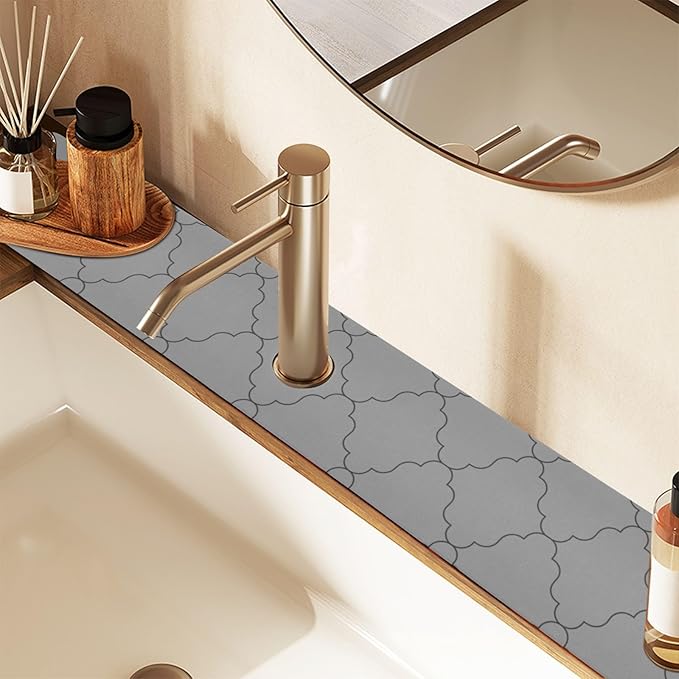 Kitchen Sink Splash Guard 1 PC 30 Inch Sink Faucet Mat Splash Guard for Bathroom Countertop Water Absorbent Foldable Cuttable Soft Washable Monochrome Geometric Quatrefoil Grey