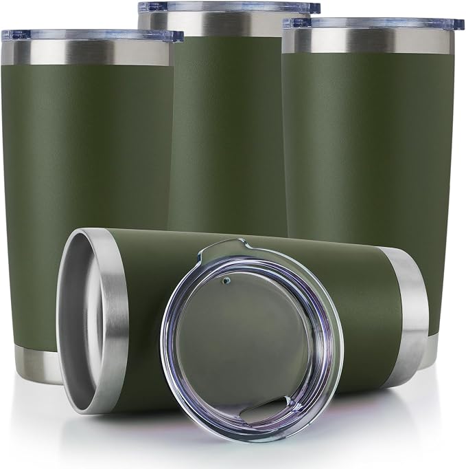 DOMICARE 20oz Stainless Steel Tumbler Bulk with Lid, Double Wall Vacuum Insulated Travel Mug, Powder Coated Coffee Cup, Army Green, 4 Pack