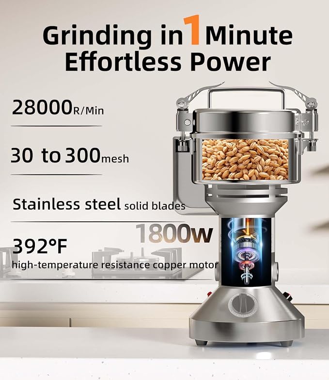 Electric Grain Mill 550g, Flour Grinder Mill Stainless Steel for Home, Counter Grain Grinder for Wheat, Rice, Wheat Berry, Corn, Herbs, Spices