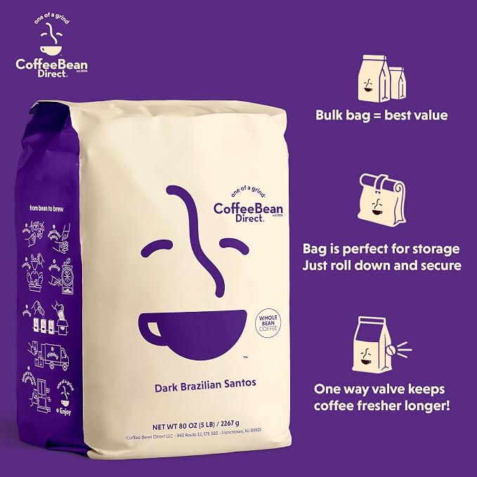 Coffee Bean Direct Dark Brazilian Santos, Whole Bean Coffee, Arabica Coffee, Dark Roast, 5 Pound Bag (Pack of 1)