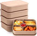 Jingmore 4 Pack Silicone Bento Boxes for Adults, 5 Compartment Reusable Lunch Containers with Sauce Section, Leakproof Meal Prep Snack Box Microwave & Dishwasher Safe for Office(Khaki)