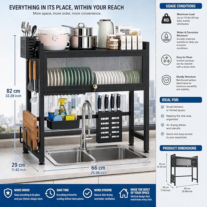 Over the Sink Dish Drying Rack, Black, Carbon Steel, 25.98 x 11.42 x 32.28 in, with Utensil Holder, Knife Rack, Storage Basket, Cutting Board Holder