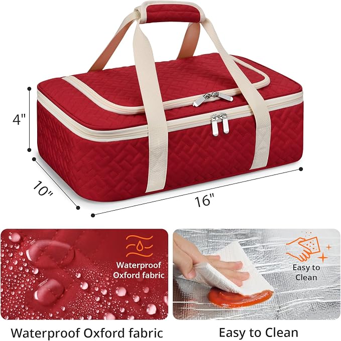 Insulated Casserole Carrier - Portable Casserole Carrier for Hot or Cold Food, Lasagna Holder for Parties,Picnic,Cookouts,Traveling - Fits 9" x 13" Baking Dish (Red)