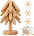 Vertdens Wooden Trivets for Hot Dishes, Hot Dish Coaster with Tree-Shaped Wood Collapsible Hot Pad Trivet Tree for Restaurant, 4 Wooden Trivet + 1 Stand（Beech Wood）