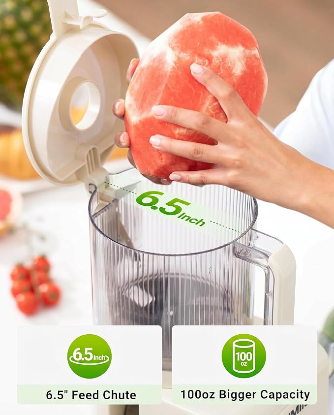 Cold Press Juicer Machine, 6.5" Large Feed Chute Masticating Extractor, Easy to Clean for Whole Fruits & Vegetables, High Yield, White