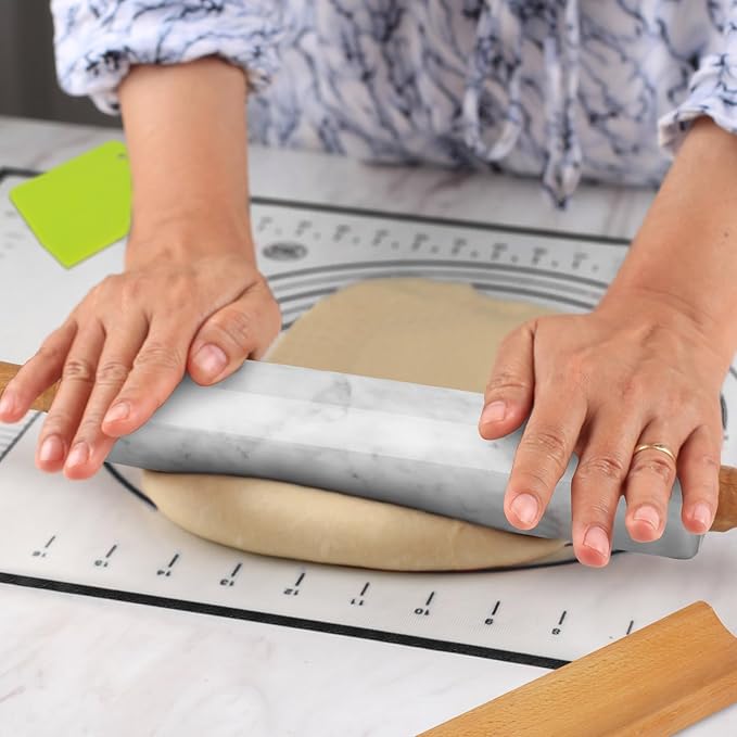 Marble Rolling Pin With Stand, 18.1-Inch Polished Non-Stick Stone Dough Roller With Wooden Handles for Baking Pasta, Pizza, Cookies, Pie Crust, Kitchen Pastry Tools (1, Light Grey, 18.1)