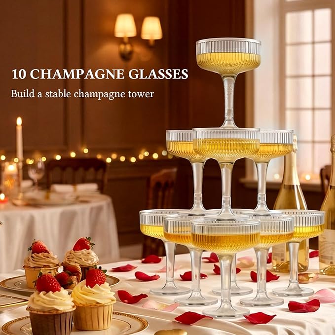 Goodluck 3-Tier Champagne Glasses - 10 PCS 7oz Clear Plastic Champagne Flutes, Plastic Coupe Glasses with Vertical Stripes for Weddings, Celebrations, Parties & Birthdays