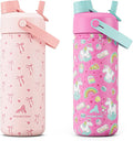 POWCAN 2 Pack 18 oz Insulated Water Bottle for School: Leakproof, 2-in-1 Straw Spout Lid, BPA-Free, Keep Cold 24 Hrs, Stainless Steel Cup for Girls Boys Kids (Sweetheart Bow & Cute Unicorn)