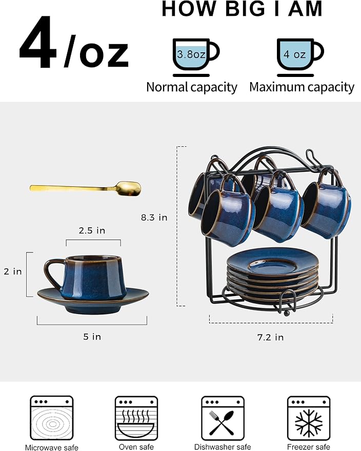 YHOSSEUN Espresso Cups Set of 6, 4 OZ Expresso Shots Cup with Sacuers, Spoons, and Metal Stand, Ceramic Coffee Espresso Cups for Father's Day, Espresso Accessories for Machine, Blue