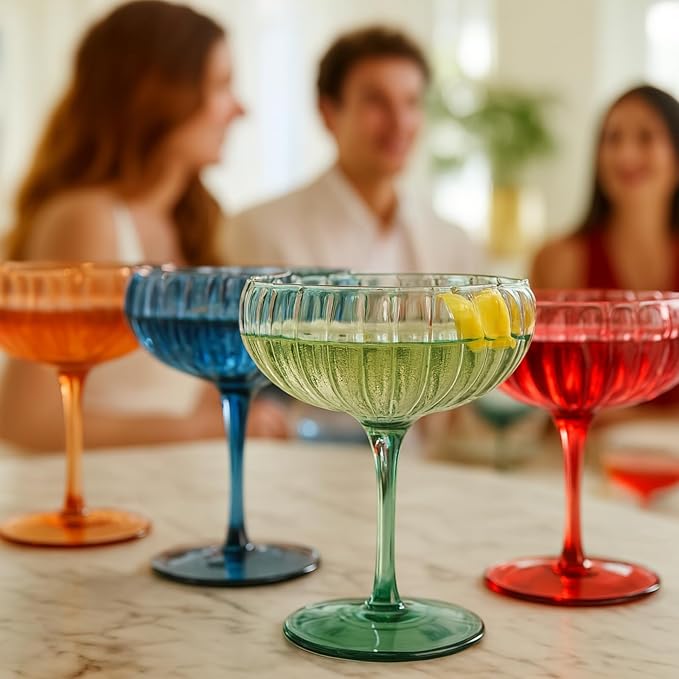 Khen Flower Modern Wavy Glass Coupes Martini, Champagne & Cocktail Coupes - Set of 4-7.7 oz Colorful Cocktail Glasses for Champagne, Prosecco, Mimosa - Copyright Design - Muted Pastel Colors