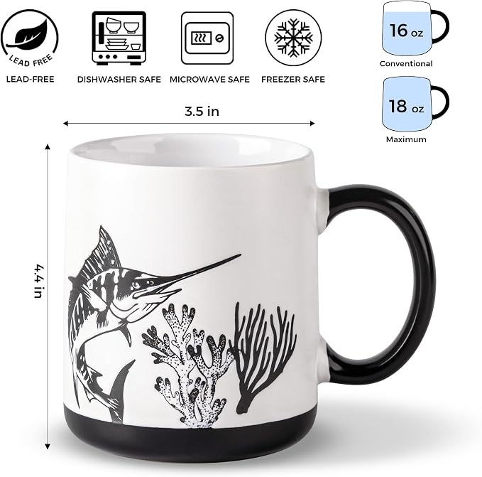 AmorArc Large Coffee Mugs Set of 6, 18oz Ceramic Coffee Cups with Sea Life Textured Patterns for Tea Latte Cocoa. Easy to Hold&Clean, Dishwasher&Microwave Safe, Matte