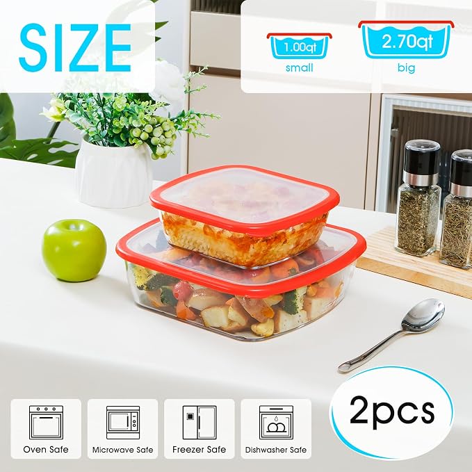 NUTRIUPS 2-Piece 9x9 & 7x7 Square Glass Baking Dish with Lid Set, Deep Baking Pan, Oven Dishwasher and Microwave Safe (Tempered Glass, 1 QT, 2.7 QT)
