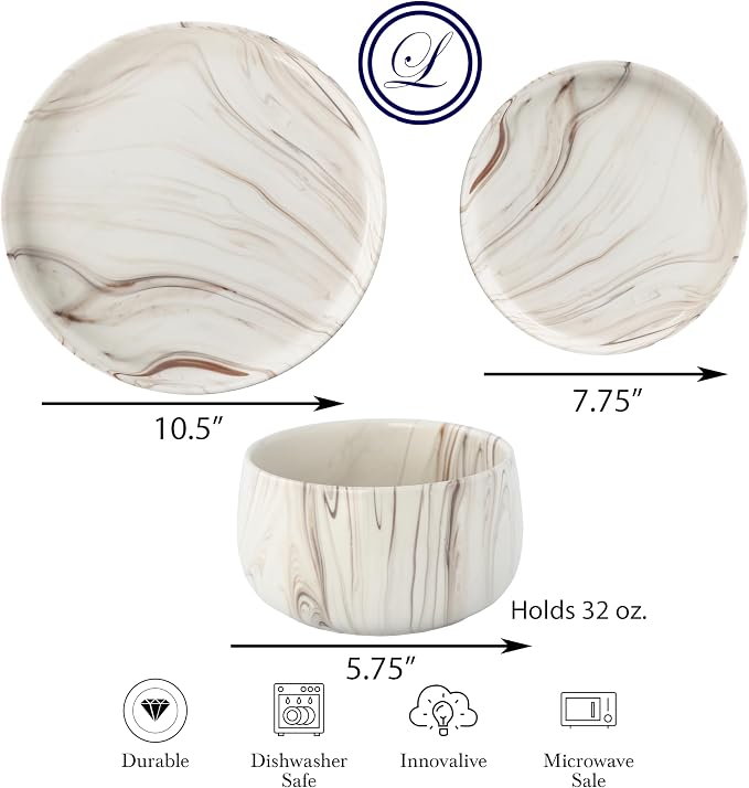 Lorren Home Trends Shiny Marble Pattern Dinnerware Set, 12 Piece Service for 4, Microwave and Dishwasher Safe