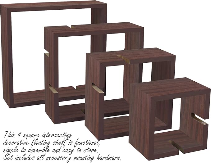 Greenco 4 Cube Intersecting Shelves, Easy-to-Assemble Floating Wall Mount Shelves for Bedrooms and Living Rooms, Walnut Finish