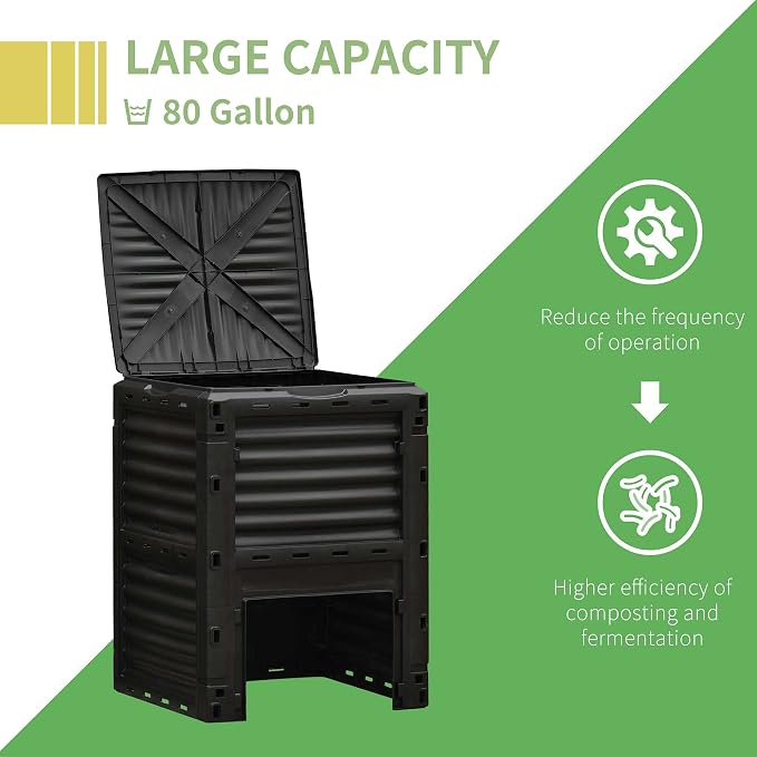 Outsunny Garden Compost Bin 80 Gallon Outdoor Large Capacity Composter Fast Create Fertile Soil Aerating Box, Easy Assembly, Black